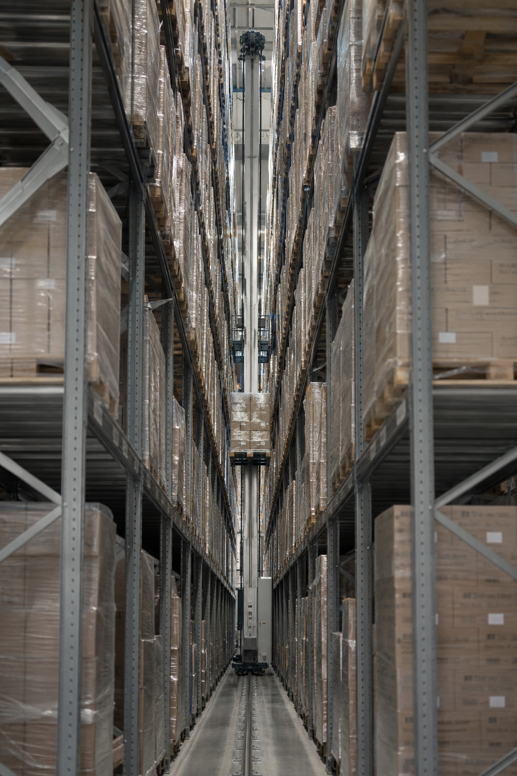 Neutral high-bay narrow-aisle automated pallet storage system