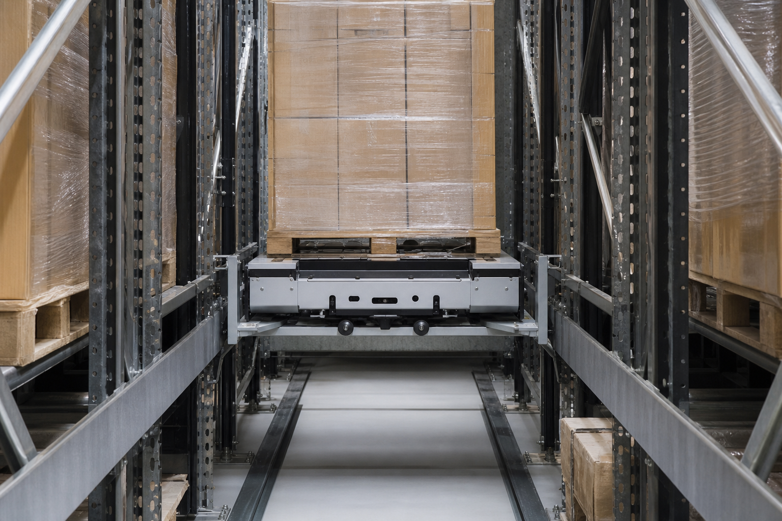 Automated pallet shuttle moving inside narrow storage racks