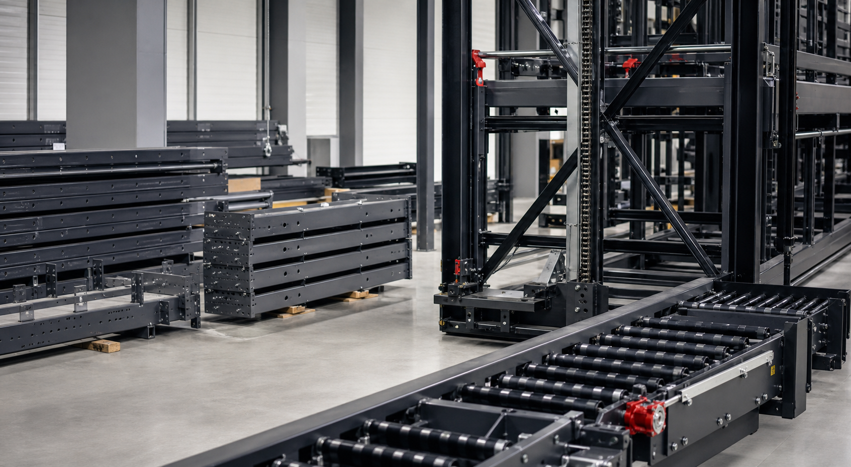Fabricated steel and conveyor components for automated pallet systems